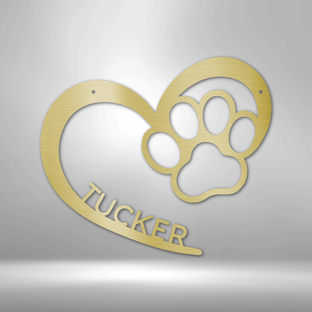 Customizable laser-cut steel sign with heart and dog paw design, personalized with a name.