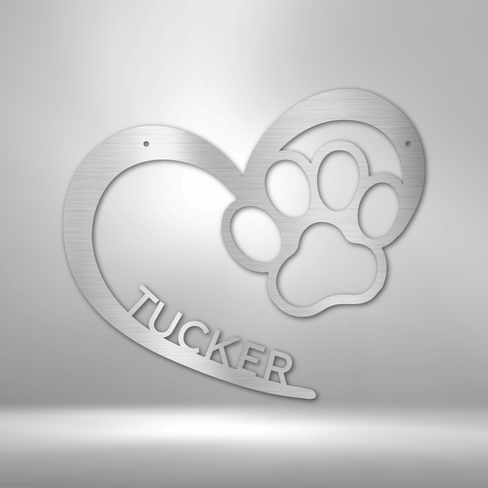 Customizable laser-cut steel sign with heart and dog paw design, featuring space for pet's name; Puppy Love Monogram.