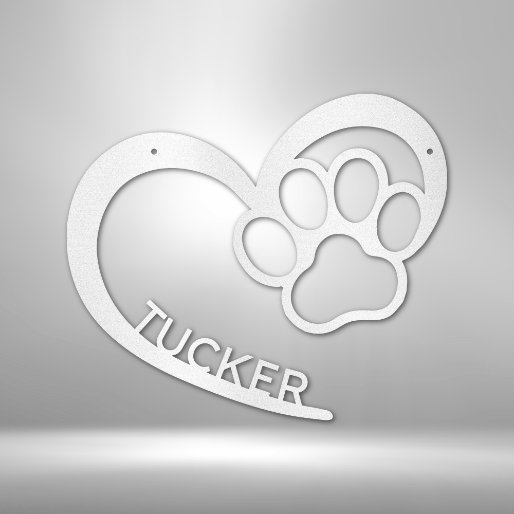 Customizable laser-cut steel sign with heart and paw design, featuring a personalized name for dog lovers.