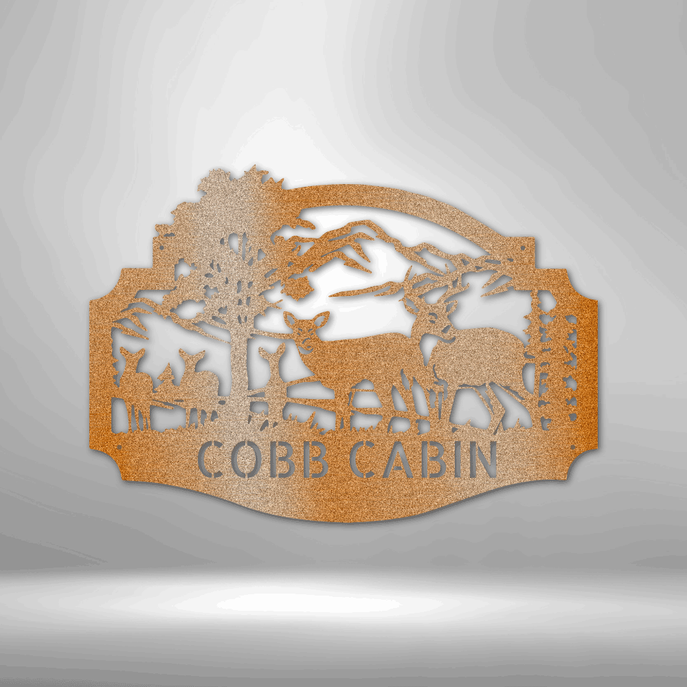 Deer Family Monogram customizable laser-cut steel sign displaying deer and trees.