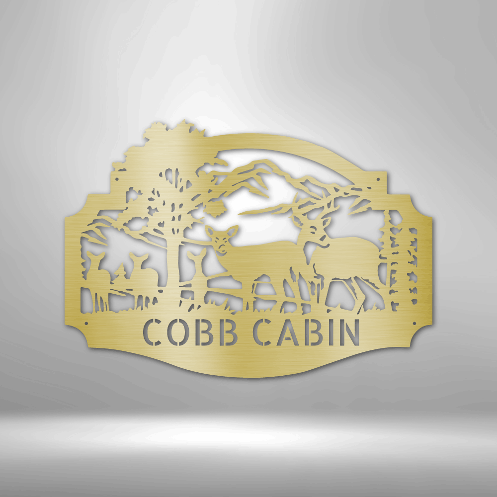 Deer Family Monogram customizable laser-cut steel sign with engraved cabin name.