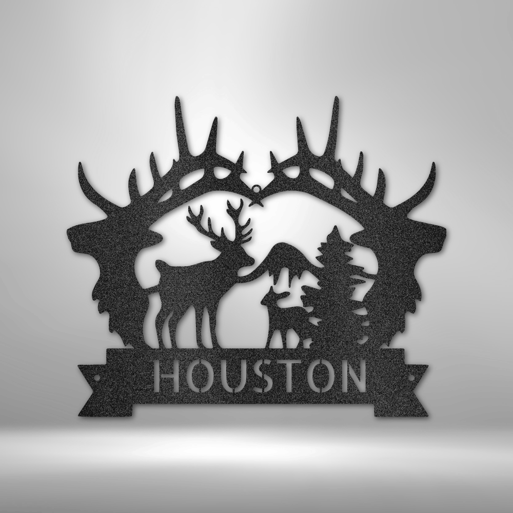 Big Antler Monogram customizable laser-cut steel sign with antler design and forest scene.