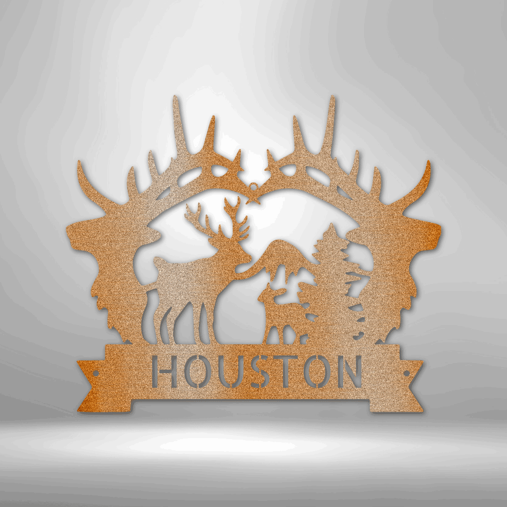 Customizable laser-cut steel sign with antler design and family name "Houston".