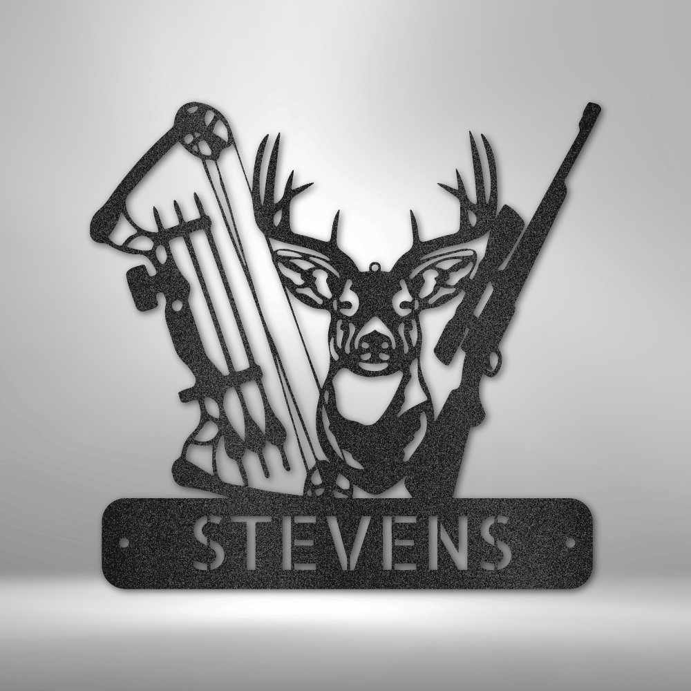 Deer Hunter Monogram customizable laser-cut steel sign with deer, bow, and rifle design.