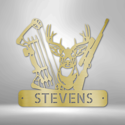 Customizable laser-cut steel sign with deer, bow, and rifle design, featuring a personalized name.