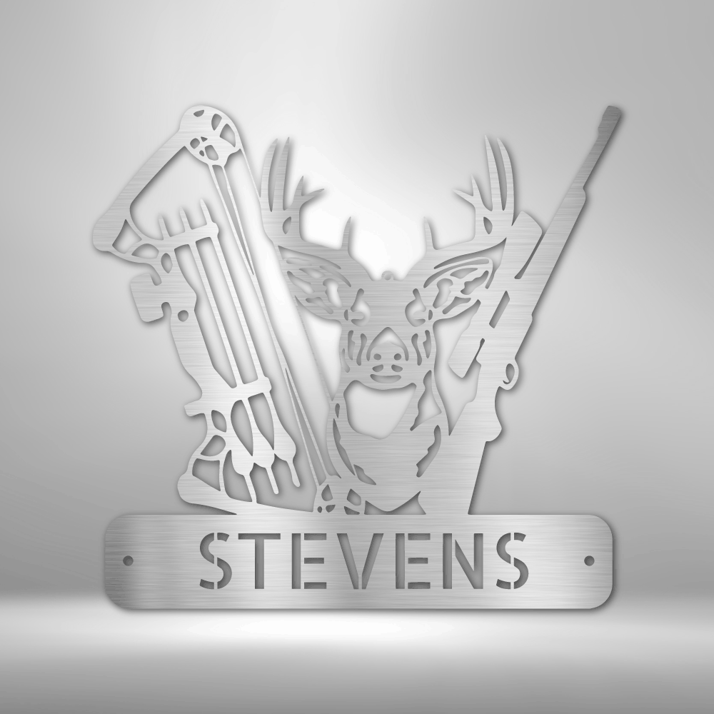 Customizable laser-cut steel sign featuring deer, bow, and rifle emblem for hunters.