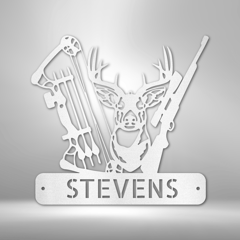 Customizable laser-cut steel sign with deer hunter monogram, featuring deer, bow, and rifle design.