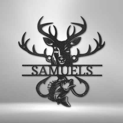 Customizable laser-cut steel sign featuring deer and bass silhouettes, representing outdoor adventure.