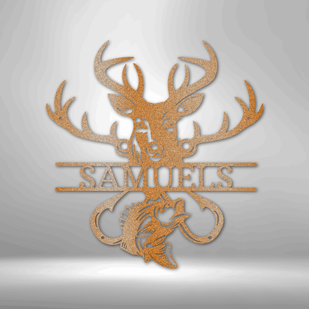 Customizable laser-cut steel sign featuring a deer and bass silhouette for outdoor enthusiasts.