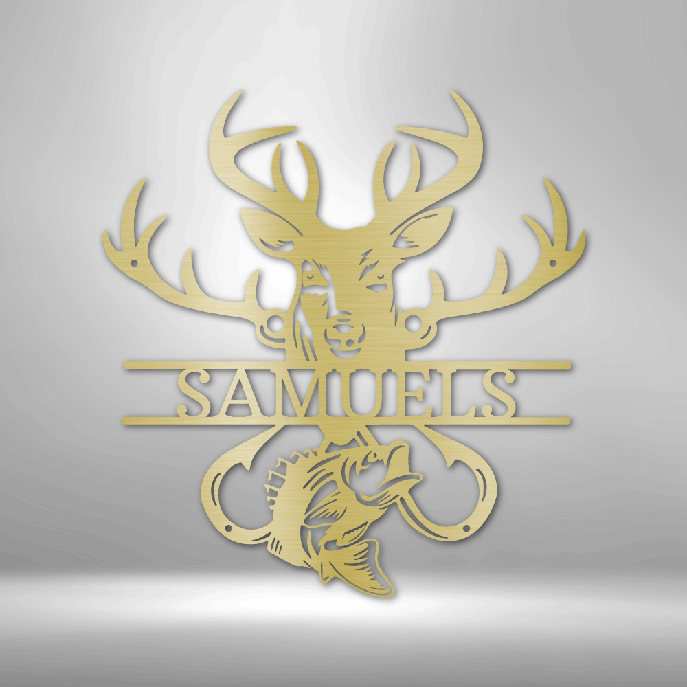 Outdoorsman monogram customizable laser-cut steel sign with deer and bass design.