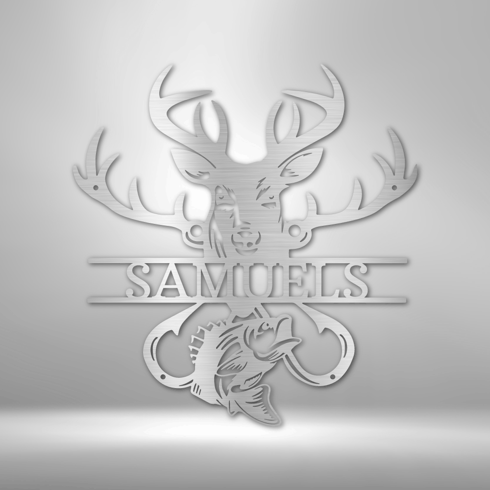 Customizable laser-cut steel sign with deer and bass design for outdoor enthusiasts.