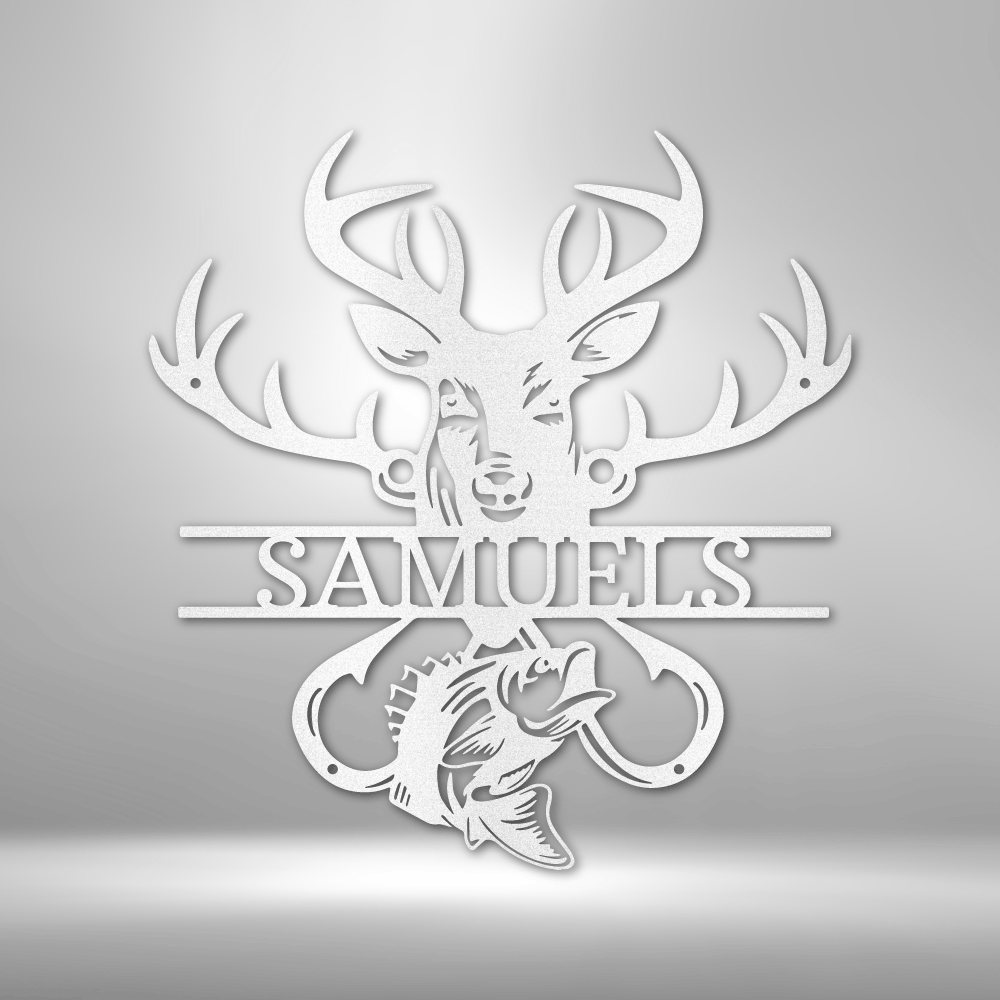 Outdoorsman Monogram Laser-Cut Steel Sign with deer and bass silhouette, customizable decor for nature enthusiasts.