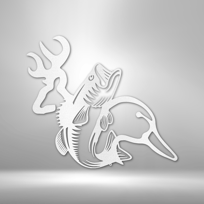 Wildlife Calling laser-cut steel sign featuring deer, fish, and duck design.