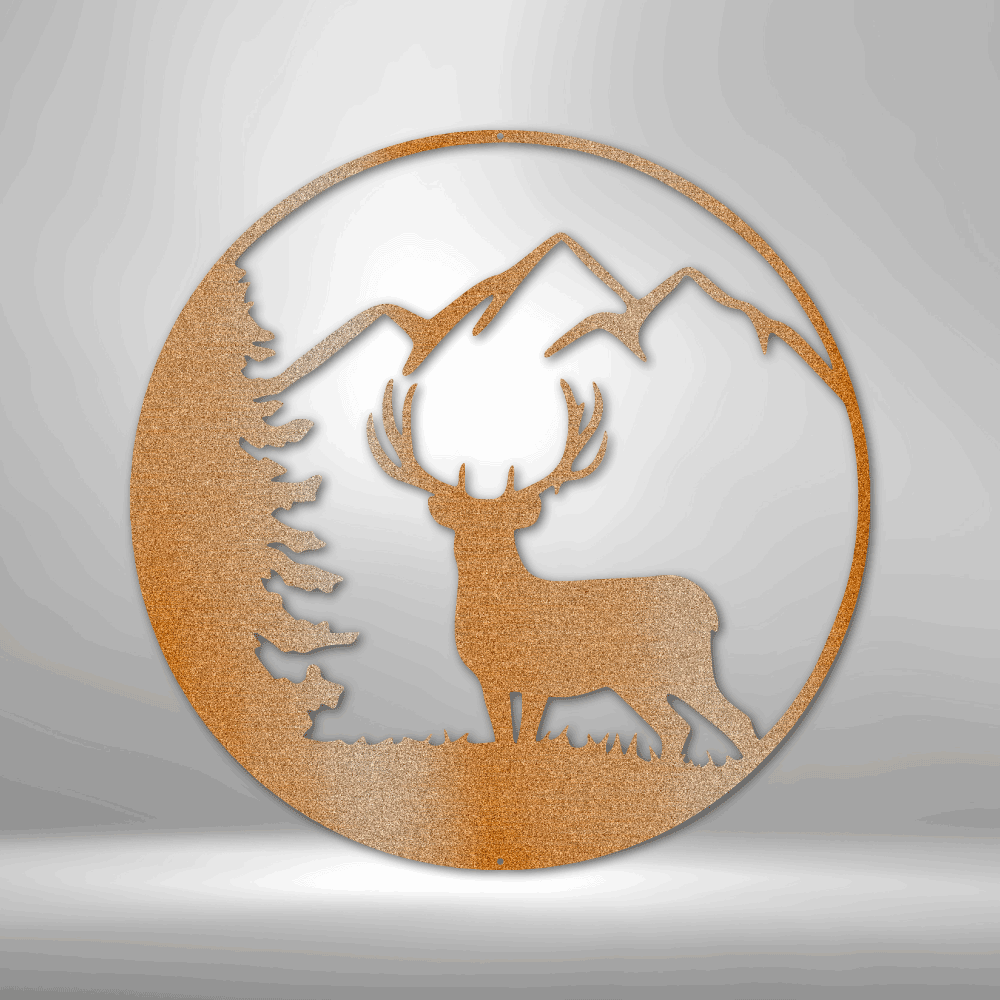 Graceful deer laser-cut steel sign featuring woodland and mountain design.