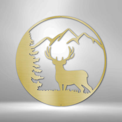 Graceful deer laser-cut steel sign with mountain and tree design.