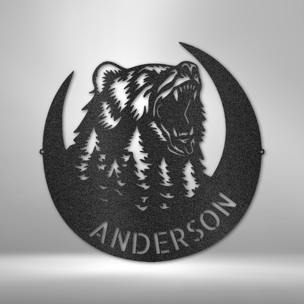 Customizable laser-cut steel sign featuring a roaring bear monogram design.