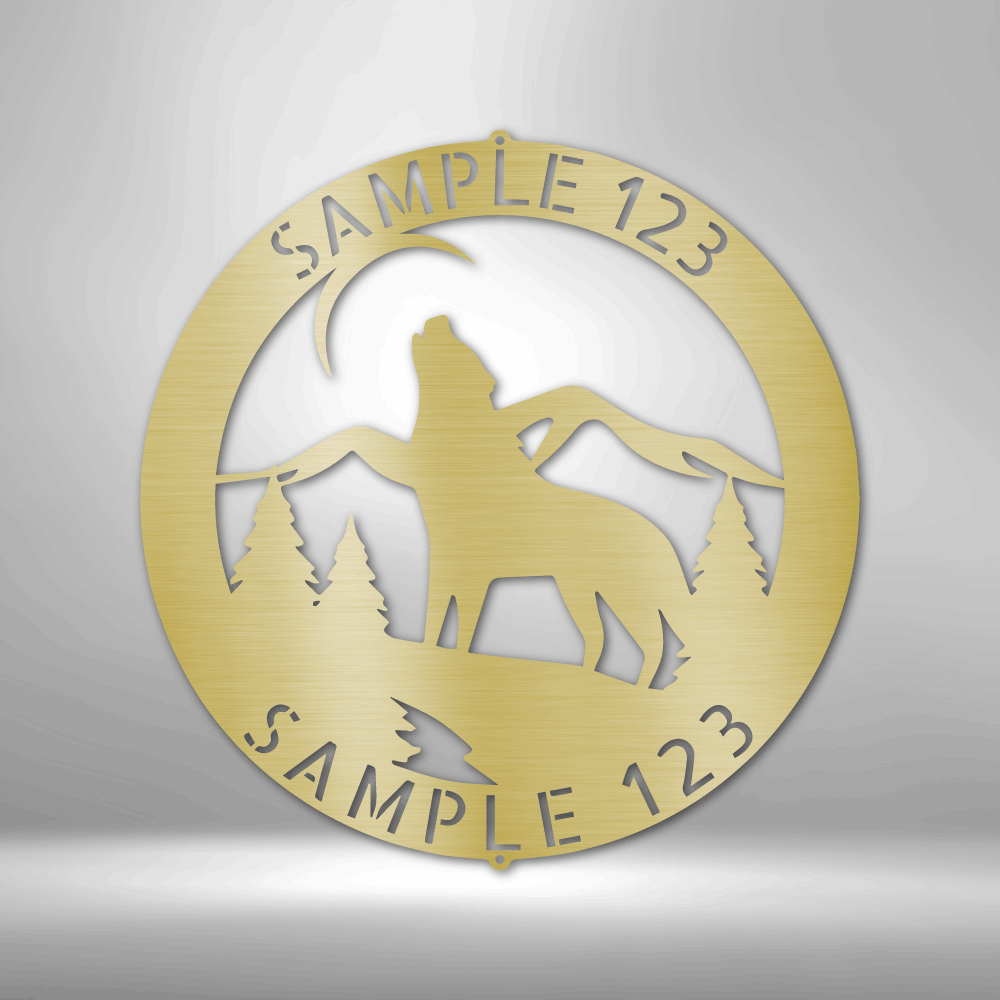 Customizable laser-cut steel sign with howling wolf silhouette, ideal for personalization; available in multiple sizes.