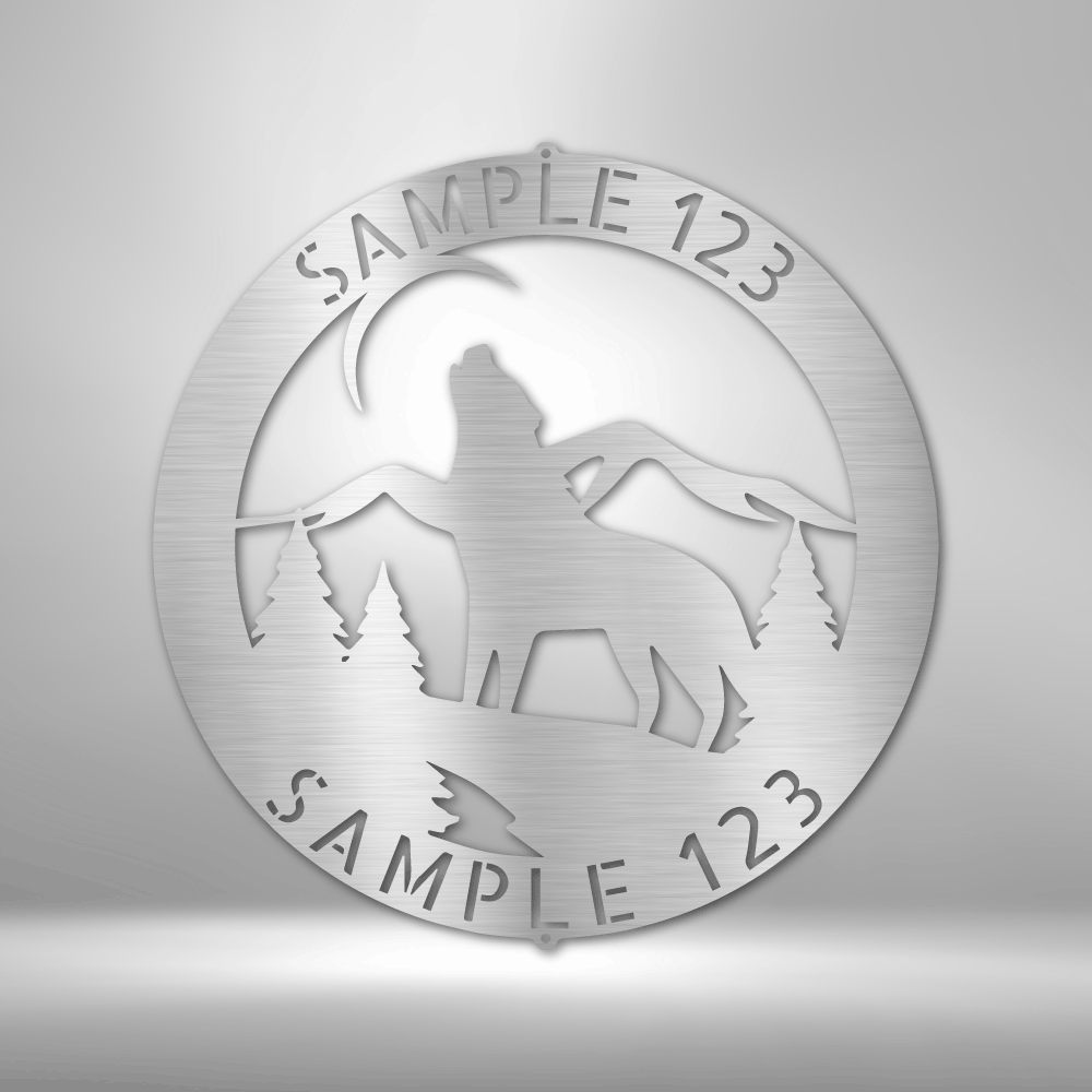 Howling Wolf Monogram - Customizable Laser-Cut Steel Sign featuring wolf silhouette for personalized decor.