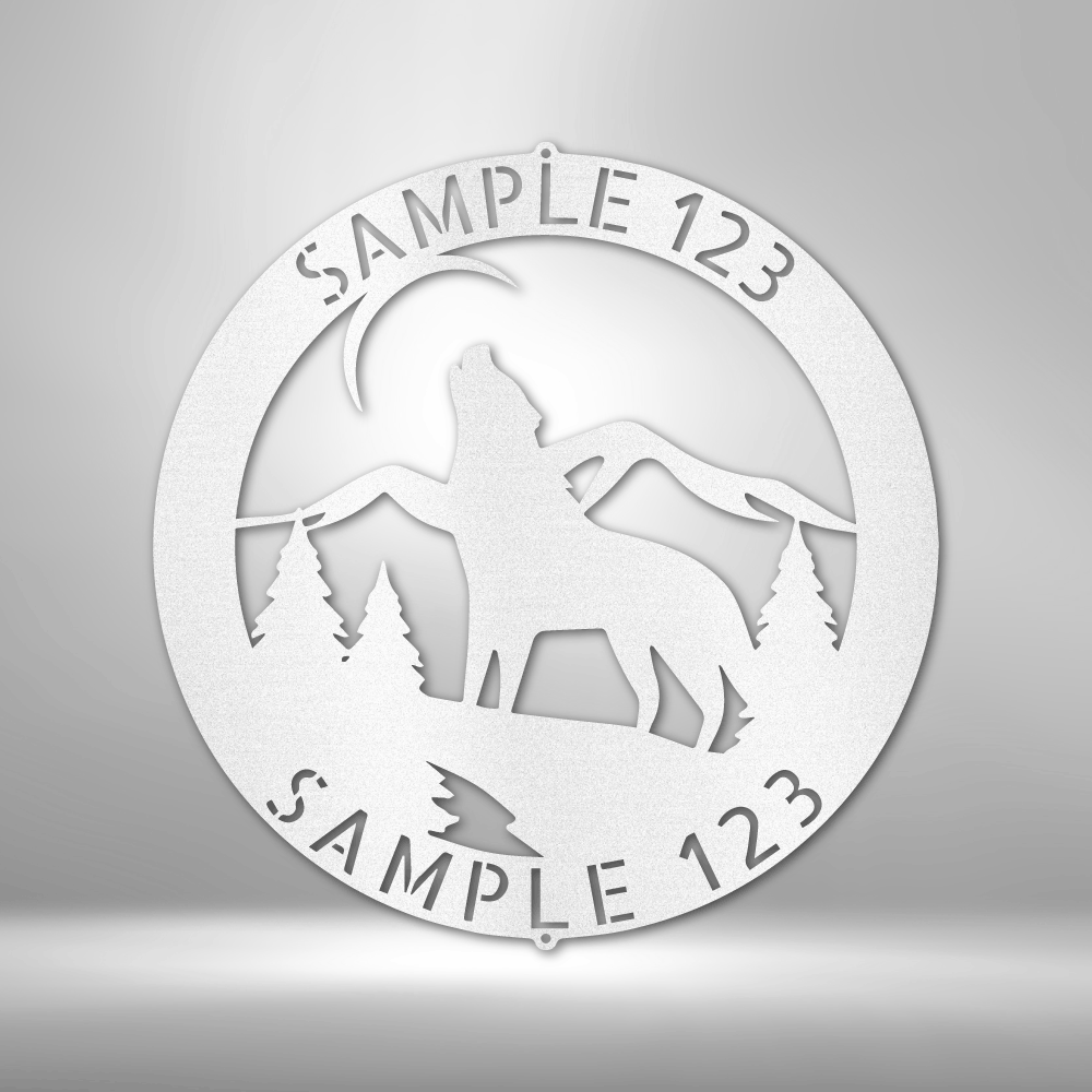 Howling wolf monogram customizable laser-cut steel sign with personalized text.