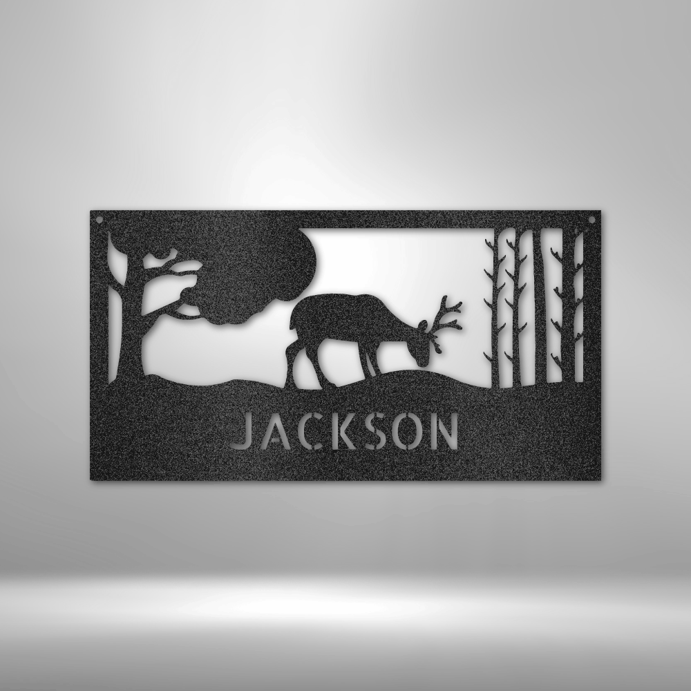 Grazing Deer Monogram Customizable Laser-Cut Steel Sign with family name option.