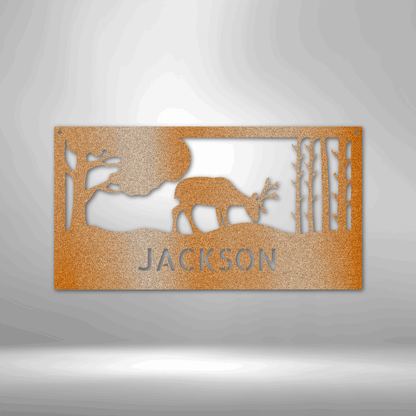 Customizable laser-cut steel sign with grazing deer monogram design.