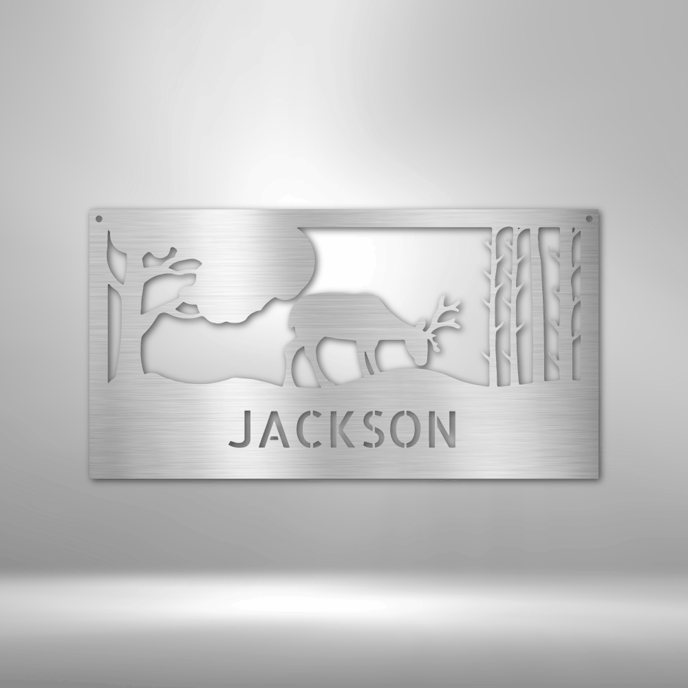 Grazing Deer Monogram customizable laser-cut steel sign with family name.