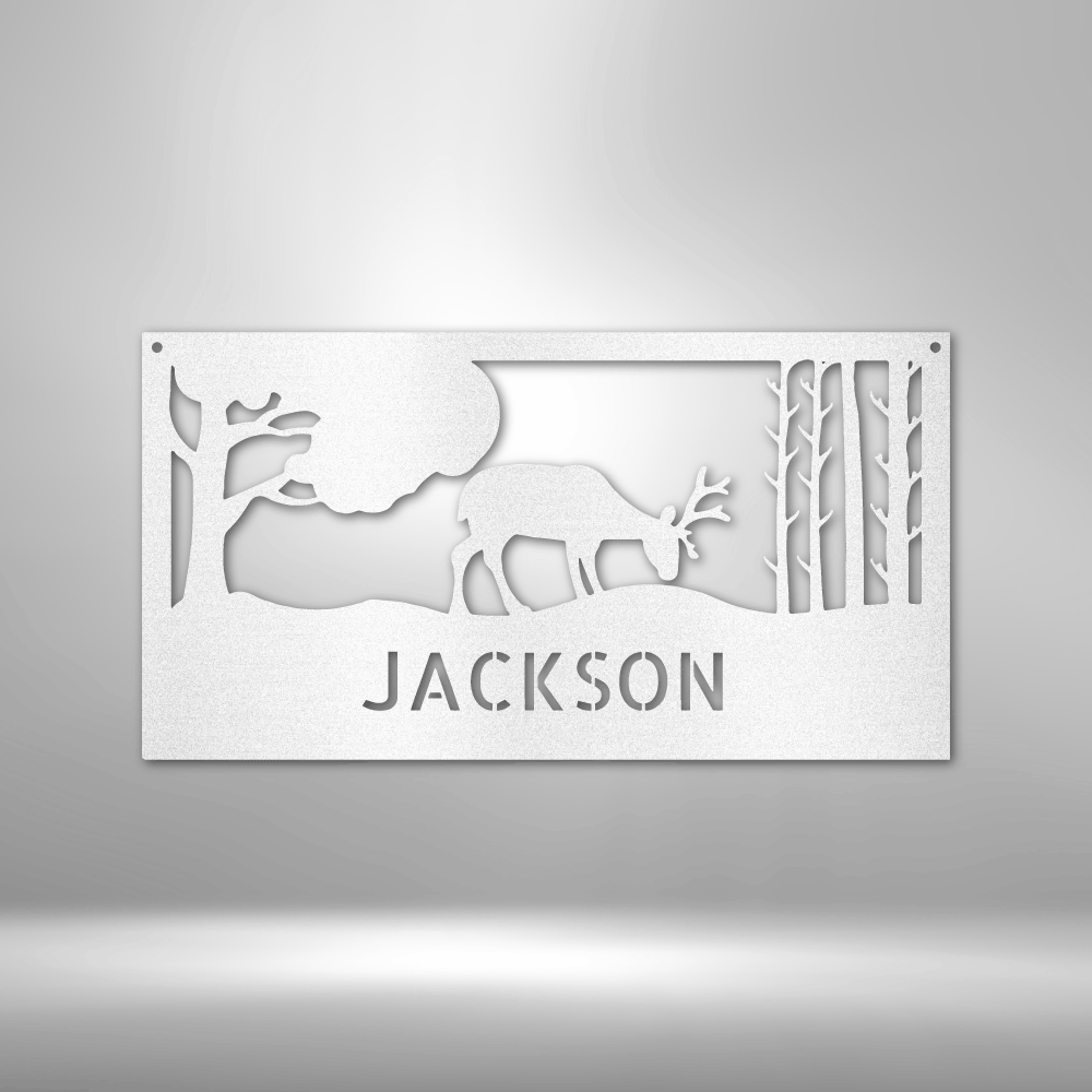 Grazing Deer Monogram customizable laser-cut steel sign featuring nature scene.