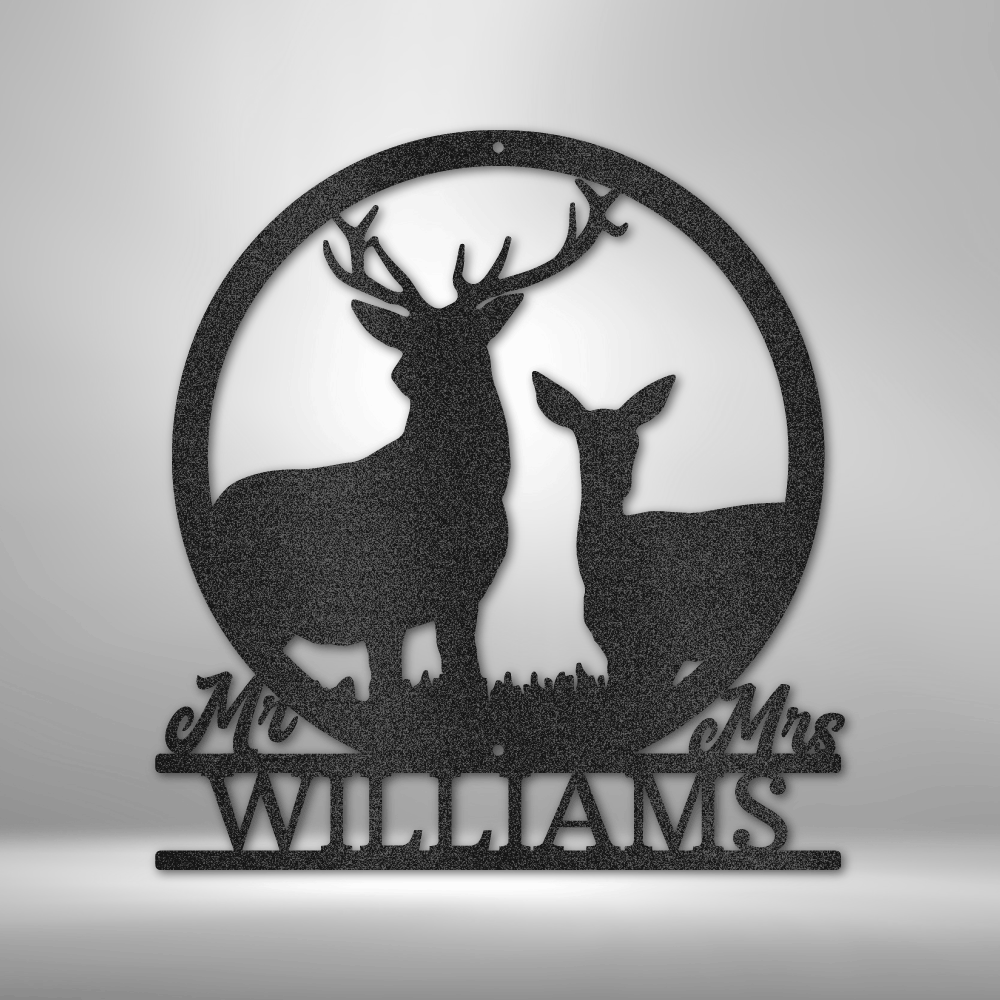 Customizable laser-cut steel sign featuring a stag and doe monogram, ideal for nature-loving families.