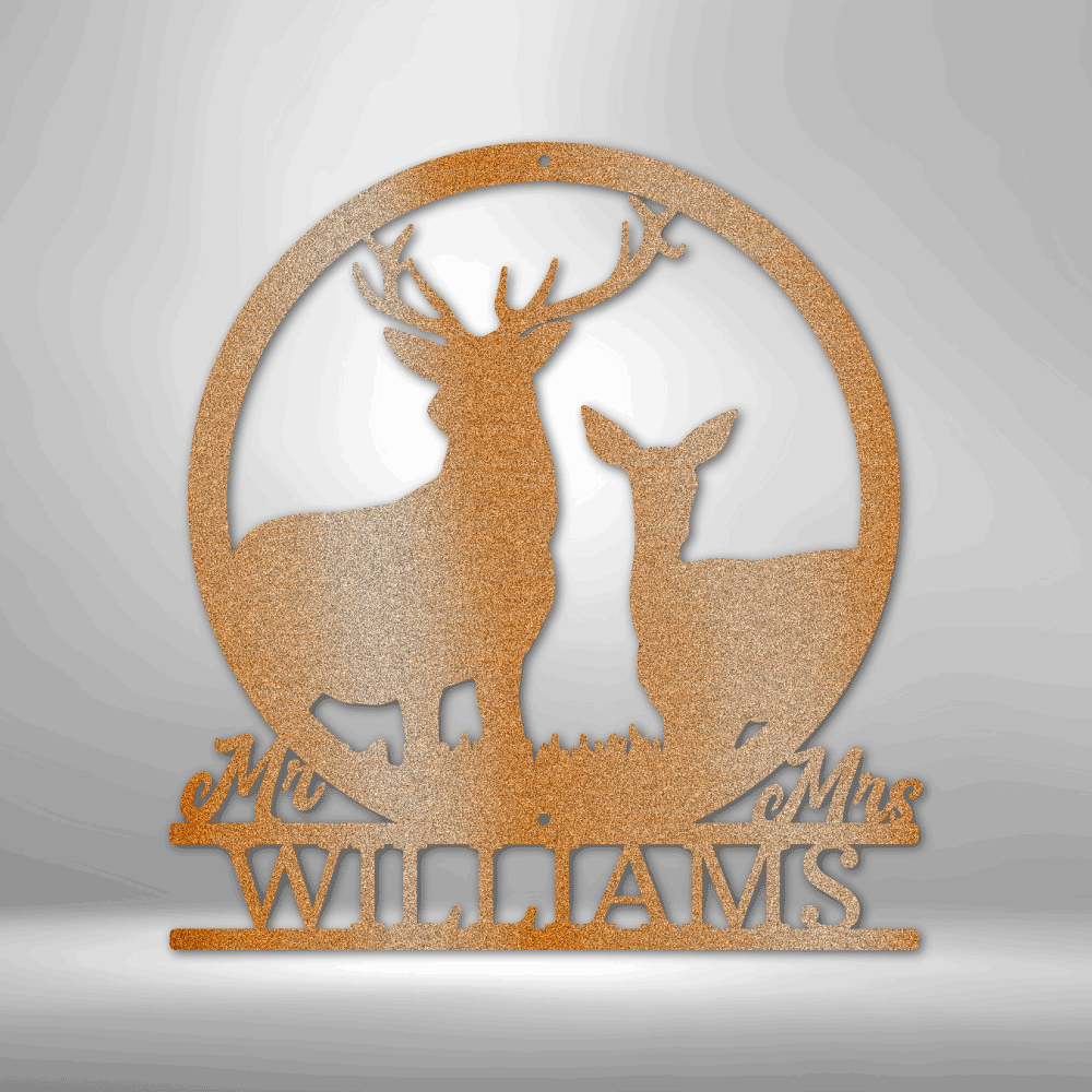 Customizable laser-cut steel sign featuring stag and doe monogram with family name.