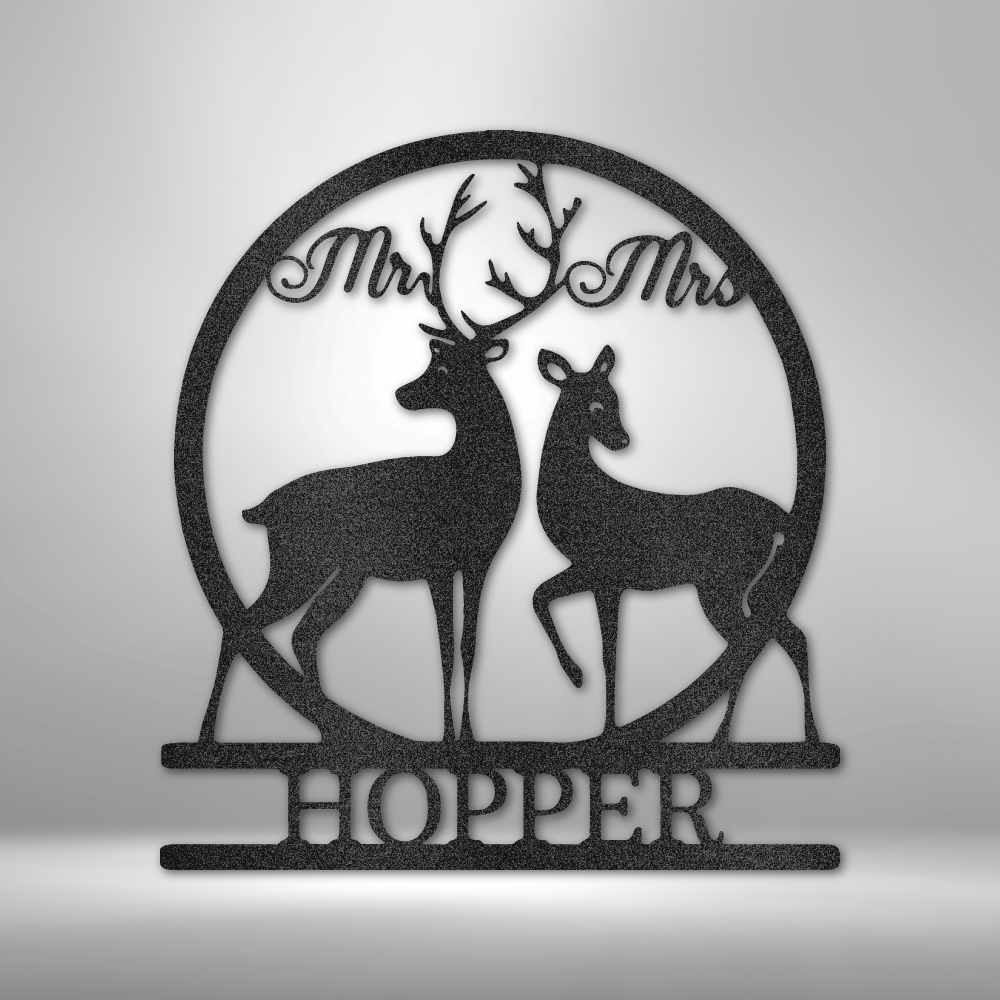 Mr and Mrs Deer Monogram customizable laser-cut steel sign with family name and deer design.