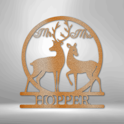 Mr and Mrs Deer Monogram customizable laser-cut steel sign featuring buck and doe.