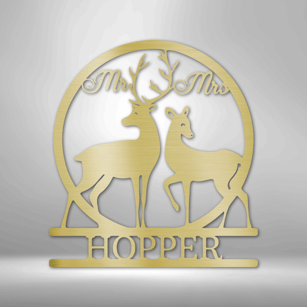 Customizable laser-cut steel sign featuring Mr. and Mrs. Deer monogram with family name.