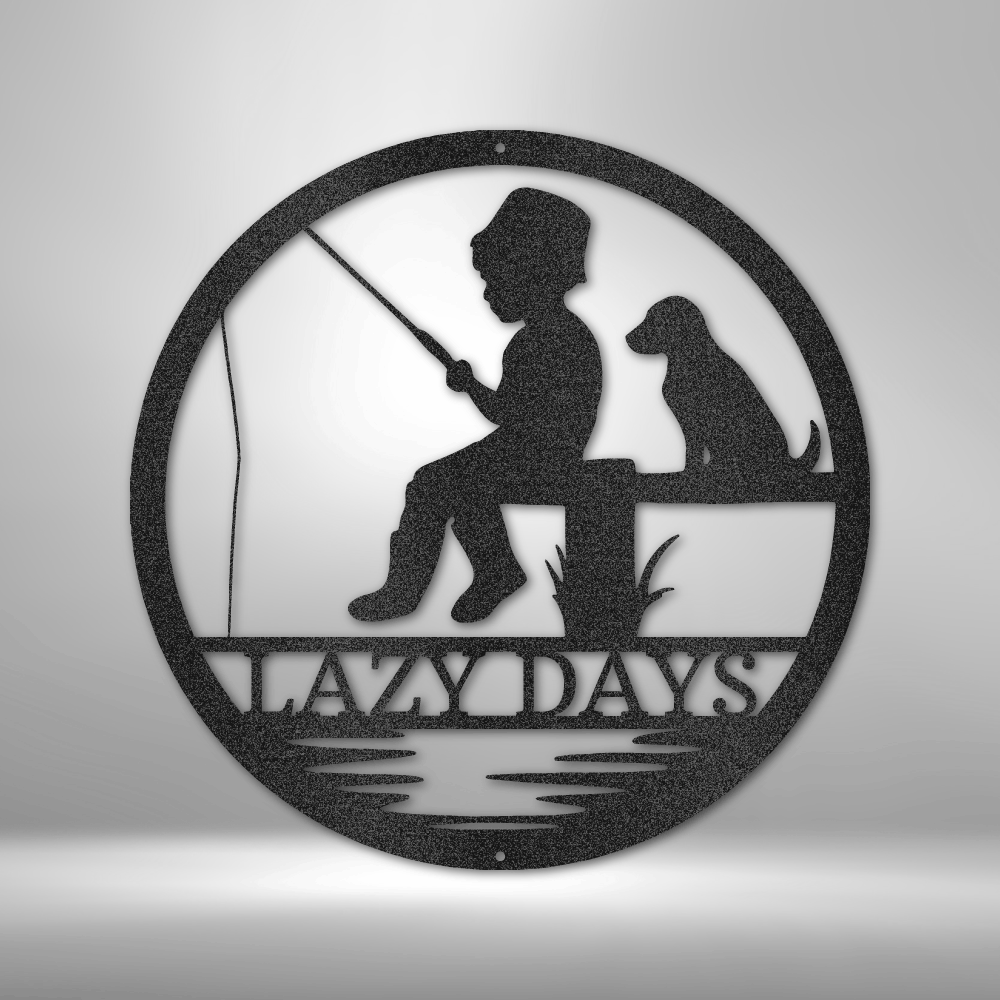 Customizable laser-cut steel sign featuring a child fishing with a dog, ideal for personalizing with a name or date.