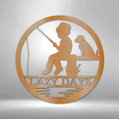 Customizable laser-cut steel sign featuring a child fishing with a dog silhouette.