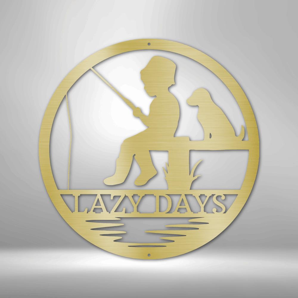 Customizable laser-cut steel sign featuring a child fishing with a dog, perfect for personalizing with a name or date to celebrate young fishing enthusiasts.