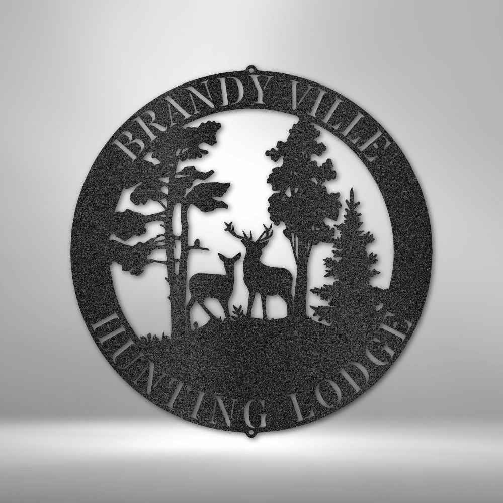 Deer Scene customizable laser-cut steel sign featuring buck and doe in forest.