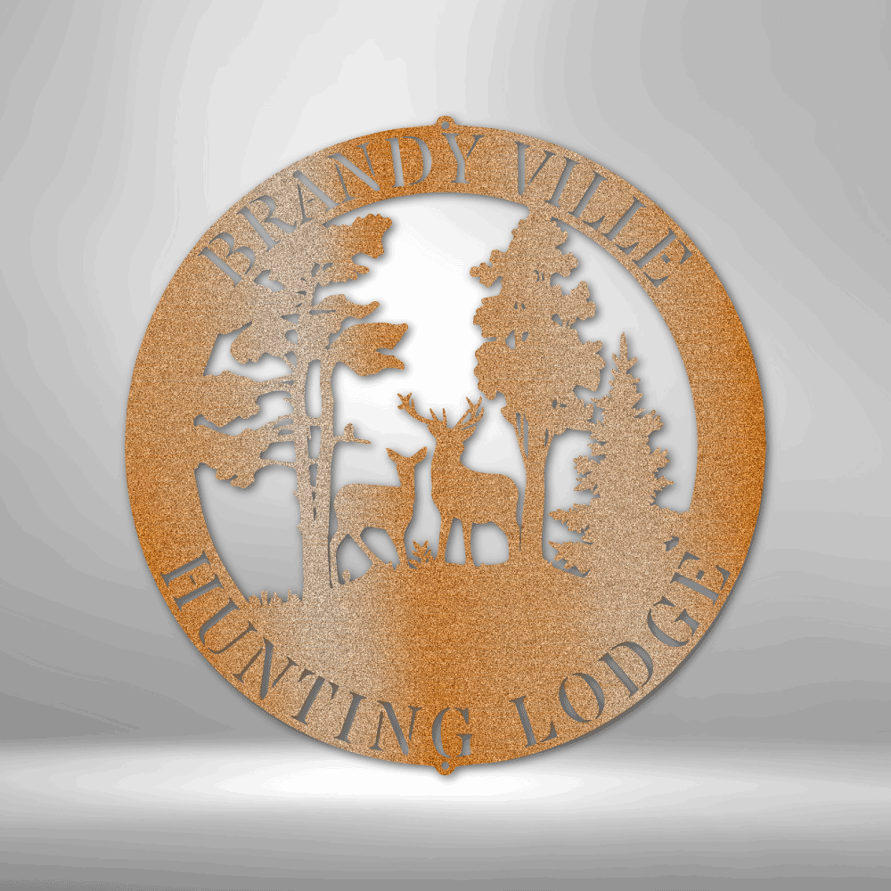 Customizable laser-cut steel sign with deer scene and personalized text space.