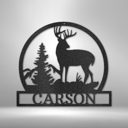 Customizable laser-cut steel sign featuring a buck, tree, and mountain silhouette.