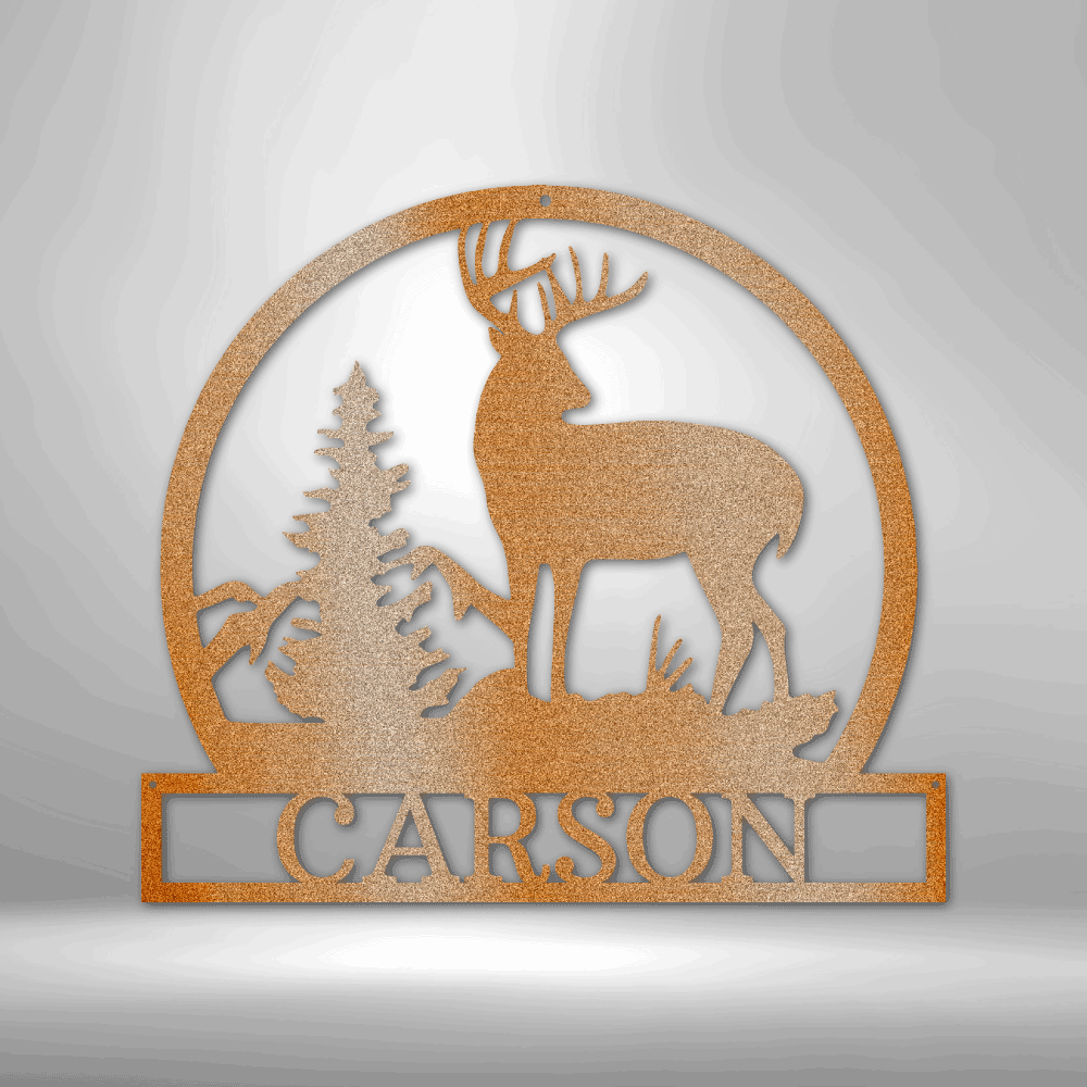 Outdoor Buck Monogram Laser-Cut Steel Sign with Buck, Tree, and Mountain Silhouette