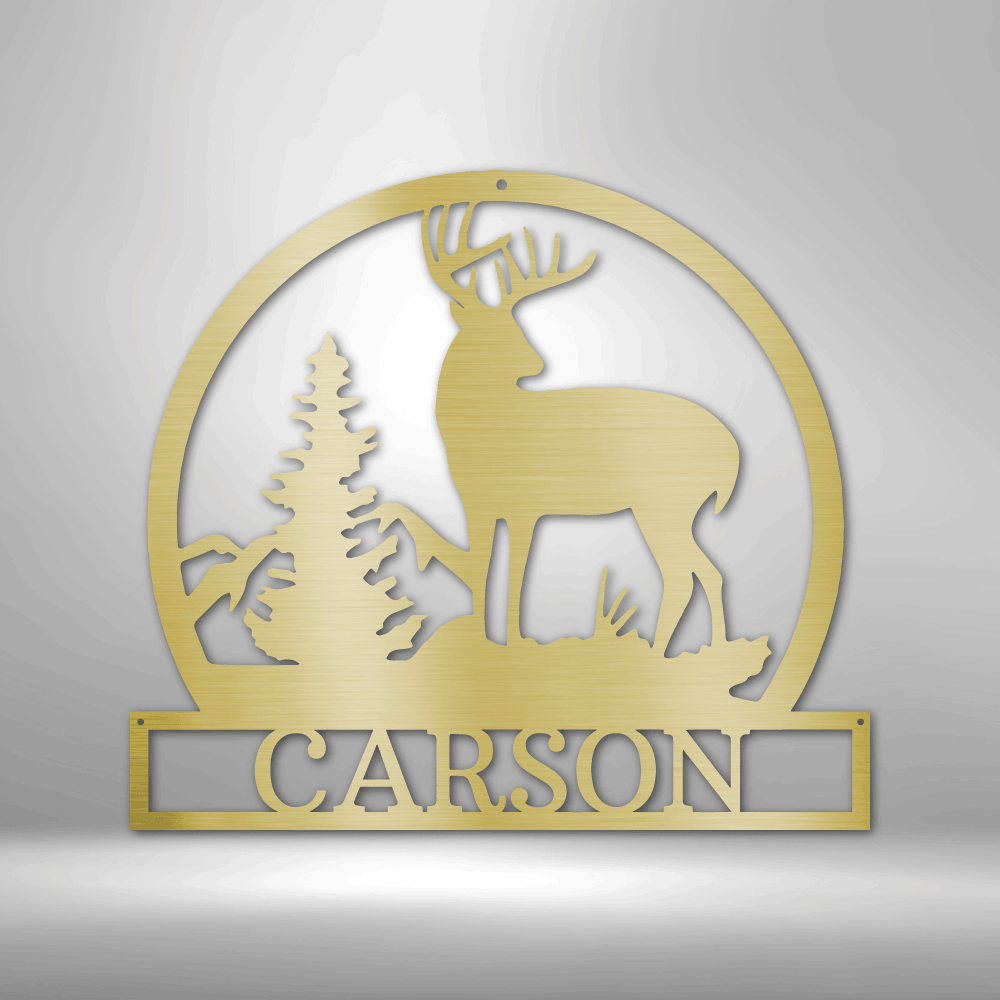 Customizable laser-cut steel buck monogram sign featuring a buck, tree, and mountain silhouette.