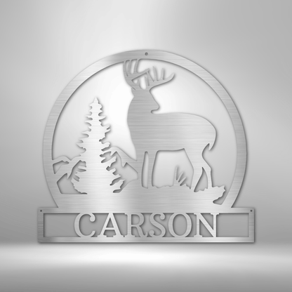 Customizable laser-cut steel sign with buck, tree, and mountain silhouette, perfect for outdoor decor.