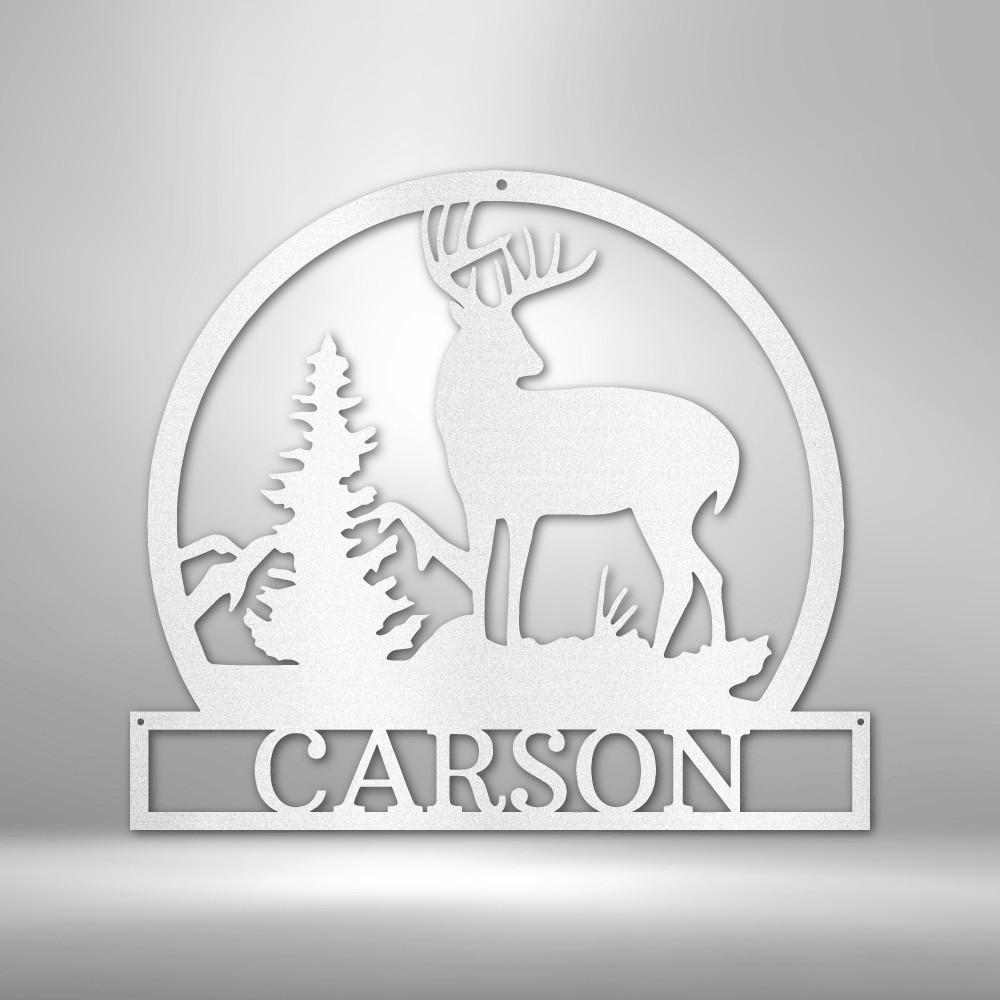 Outdoor Buck Monogram customizable laser-cut steel sign with buck, tree, and mountain silhouette.