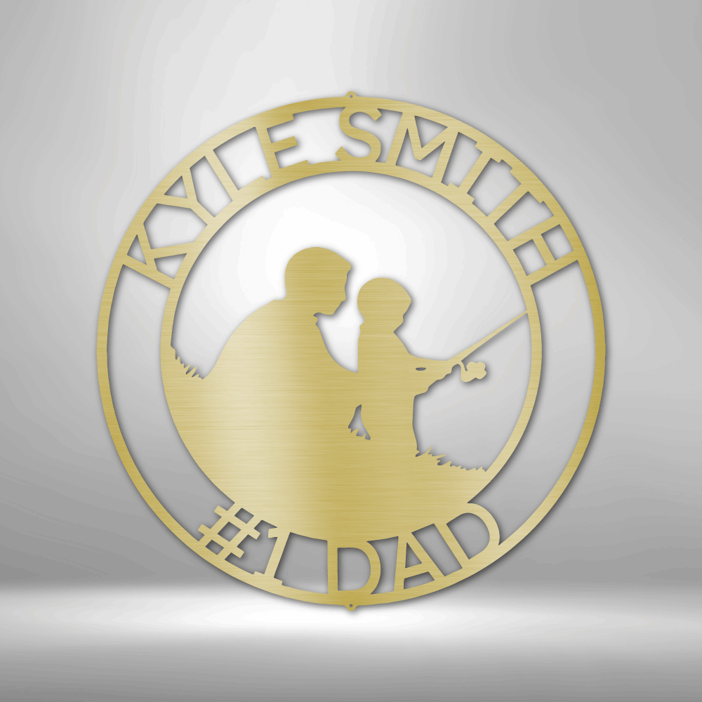 Customizable laser-cut steel sign featuring a father and son fishing, personalized with a family name and date.