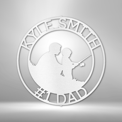 Customizable laser-cut steel sign featuring father and son fishing monogram.