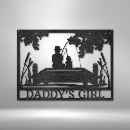 Customizable laser-cut steel sign with fishing scene and "Daddy's Girl" text, representing quality time and cherished moments.