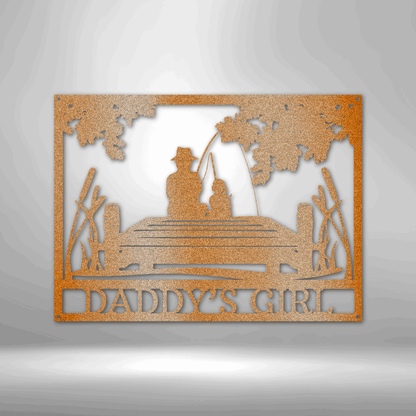 Customizable laser-cut steel sign depicting a father and daughter fishing, titled "Daddy's Girl".