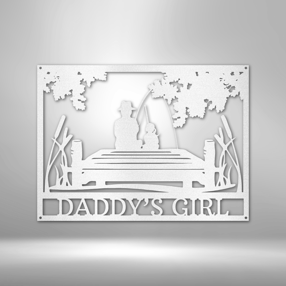 Quality Time Monogram - Customizable Laser-Cut Steel Sign featuring father and daughter fishing scene.