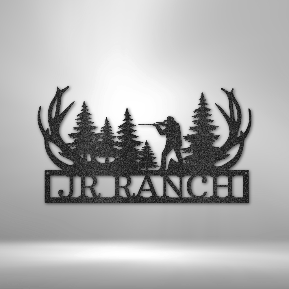 Hunting monogram customizable laser-cut steel sign with antler design, ideal for nature enthusiasts.