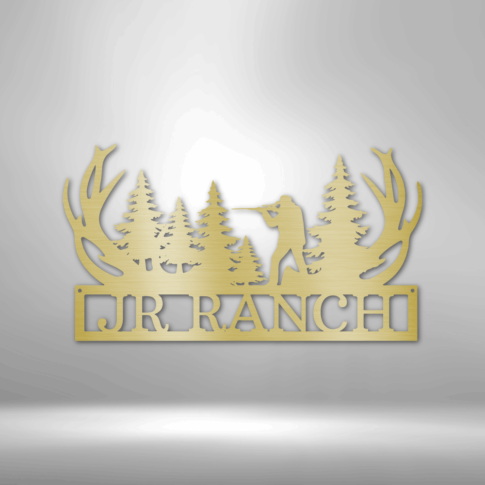 Customizable laser-cut steel sign with antler design and hunter silhouette; ideal for hunting enthusiasts.