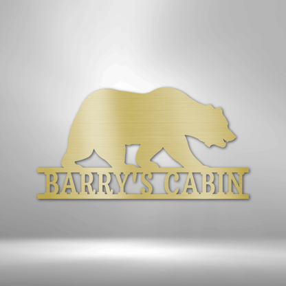 Bear Monogram customizable laser-cut steel sign with a walking bear silhouette above personalized text "Barry's Cabin".